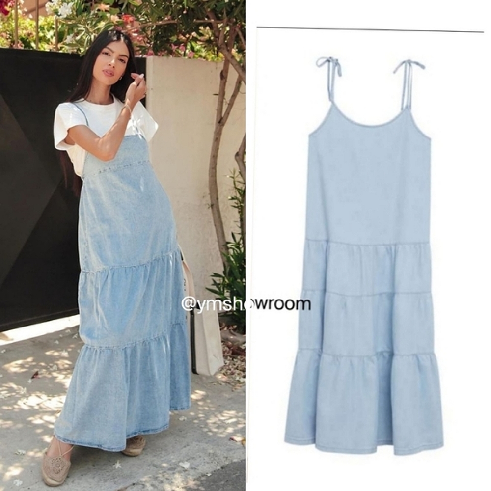 Mango Light Blue Tiered Denim Midi Dress